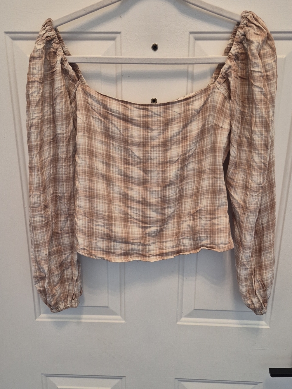 Abercrombie & Fitch Beige Plaid Off-Shoulder Peasant Top